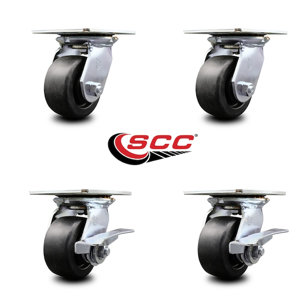 4 Inch Polyolefin Swivel Caster Set with Roller Bearings 2 Brakes